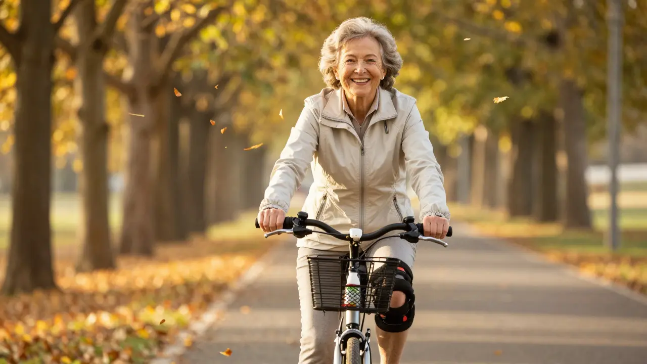 70letá žena jezdí na kole v podzimním lesě, v košíku má doplněk pro klouby.