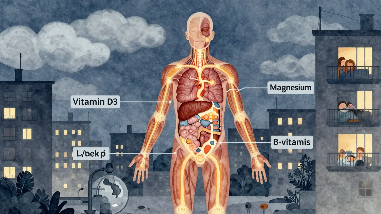 Abstraktní ilustrace lidského těla jako biochemické továrny s chybějícími vitamíny v zimním Česku.