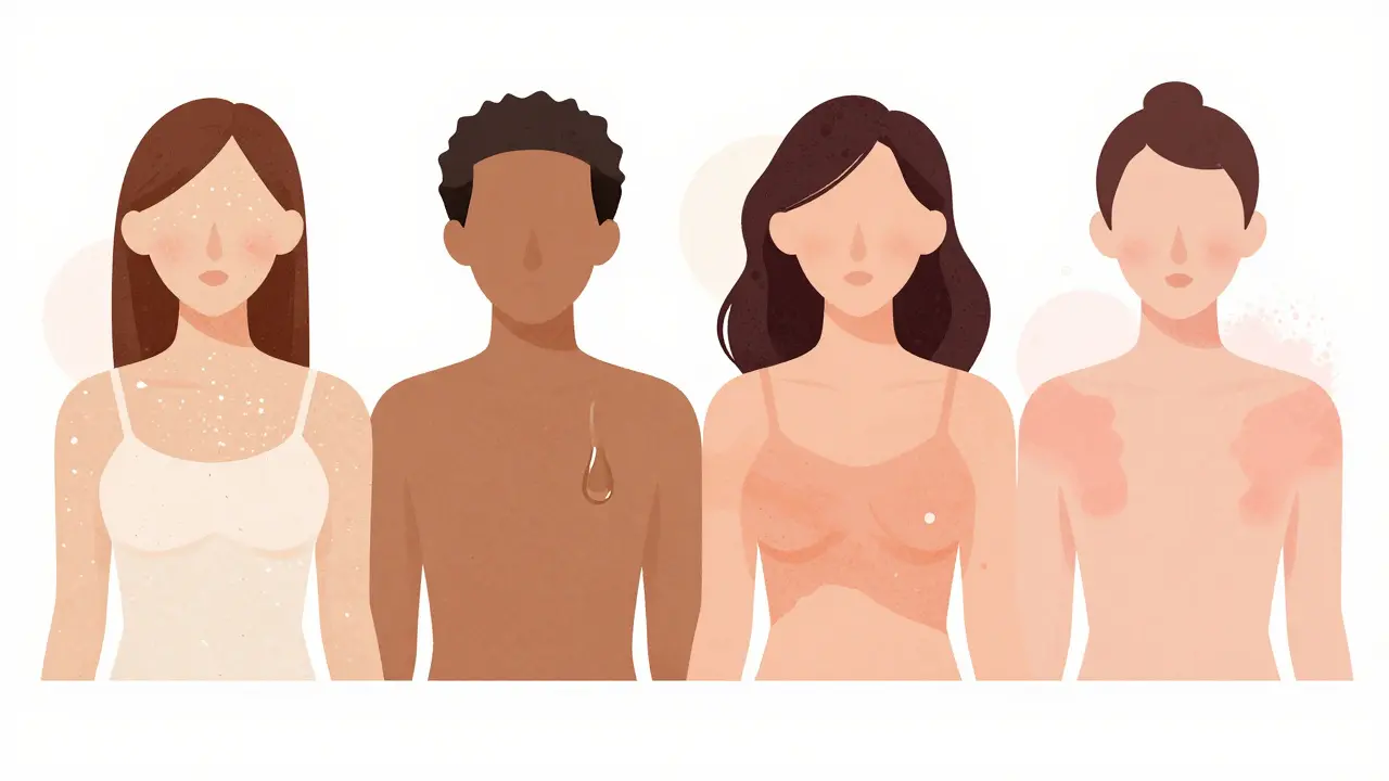 Abstraktní znázornění čtyř typů pokožky s texturami: suchá, olejová, kombinovaná a citlivá.