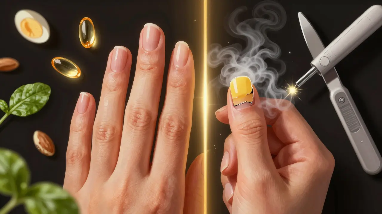 Dvě strany nehtu: zdravý a lesklý na jedné straně, poškozený a žloutlý na druhé, s potravinami a chemikáliemi kolem.