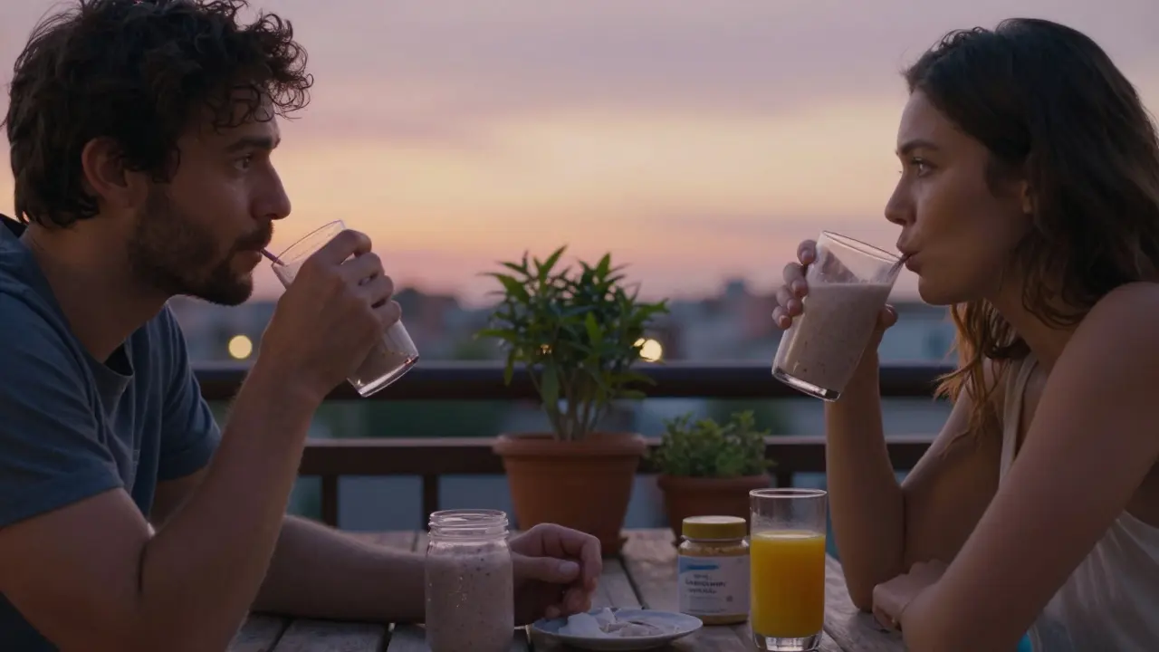 Dvojice pije smoothie s mořským kolagenem na západu slunce na balkoně.