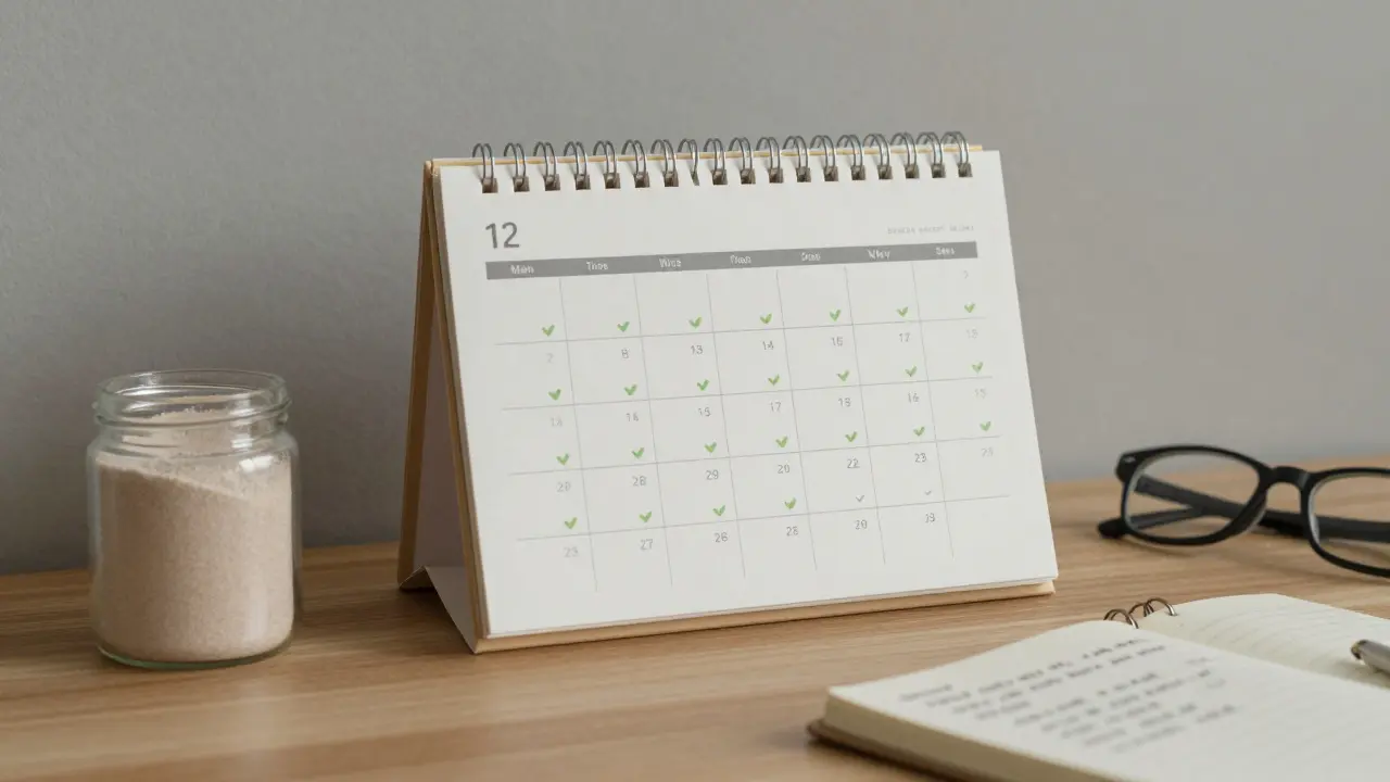 Kalendář s 12 zelenými značkami a sklenicí mořského kolagenu na dřevěné polici.