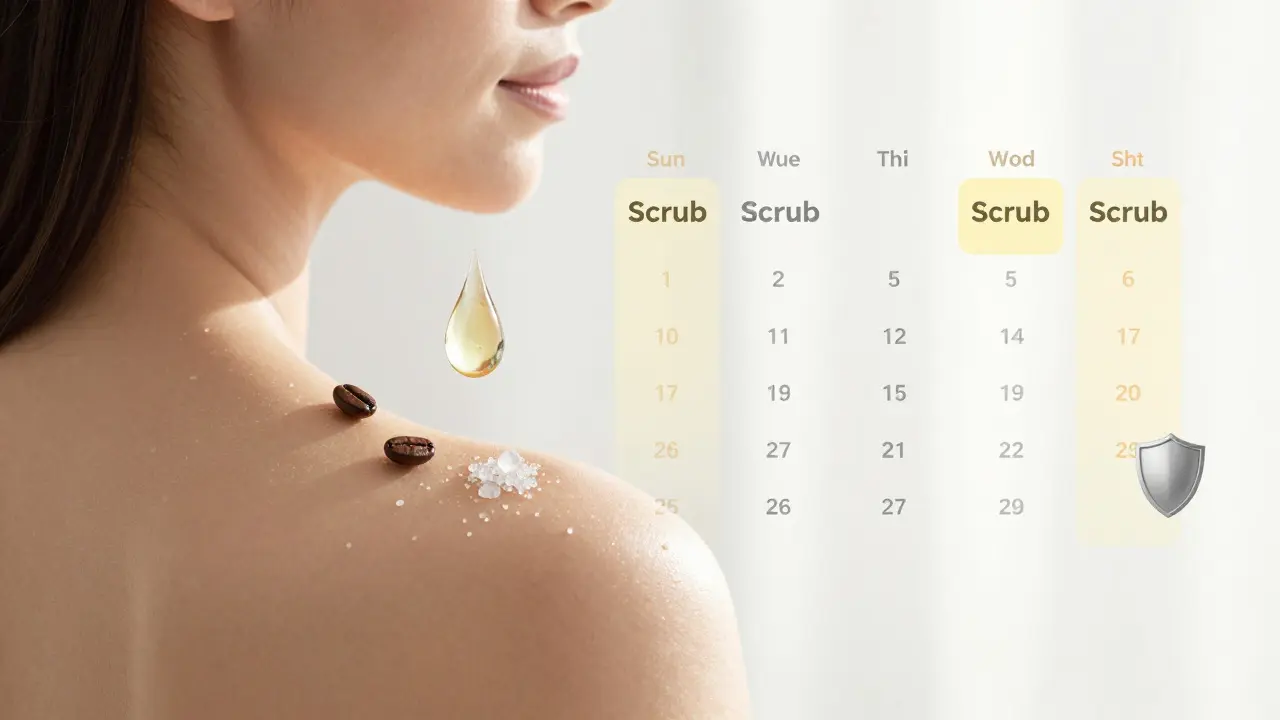 Kalendář s označenými dny scrubu nad hladkou kůží, symbolizující správnou frekvenci péče.