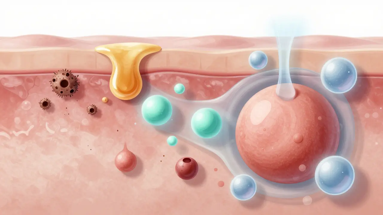 Křížový řez kůže ukazující, jak kyseliny rozpouštějí ucpané póry zevnitř.