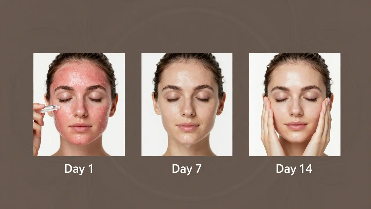 Kroky obnovy pokožky po peelingu v průběhu 14 dní: citlivost, hydratace a obnova.