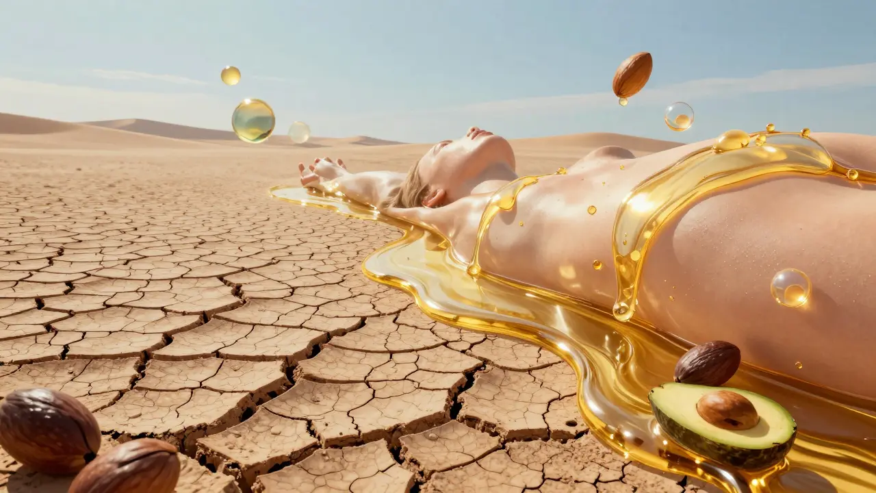 Kůže jako krajina, kde oleje jako řeky obnovují suchou pokožku do hladkého, lesklého povrchu.