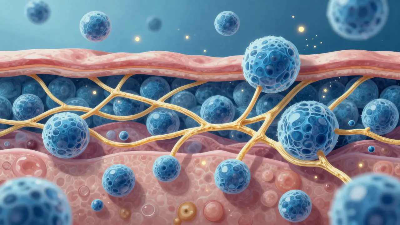 Mikroskopický pohled na kůži, kde buňky vyrábějí kolagen a elastin.