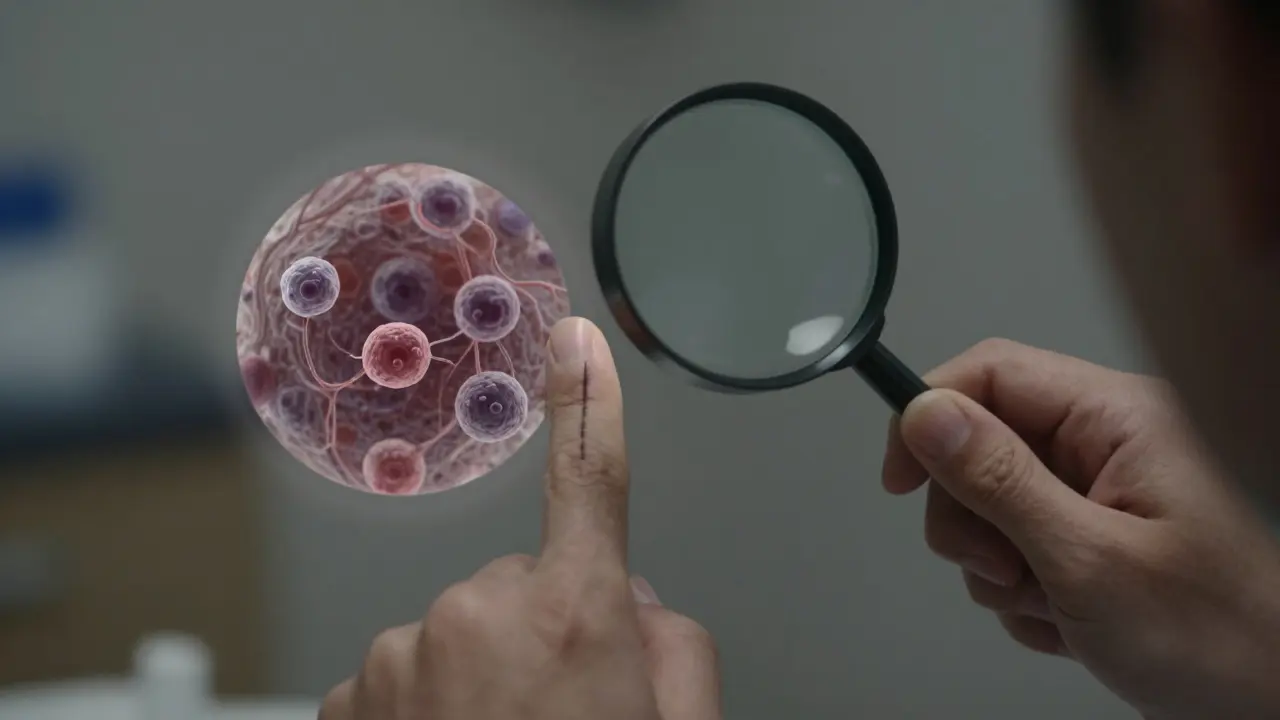 Osoba prohlíží tmavou skvrnu pod nehtem pomocí lupy, s představou šíření rakoviny.