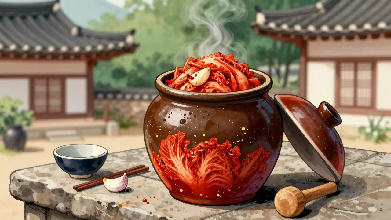 Otevřená sklenice s korejským kimchi s česnekem a chilli