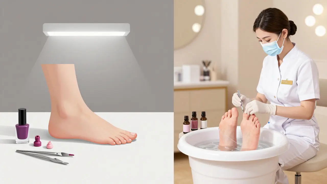 Porovnání běžné a luxusní pedikúry: levné nástroje vs. profesionální péče v klidném prostředí.