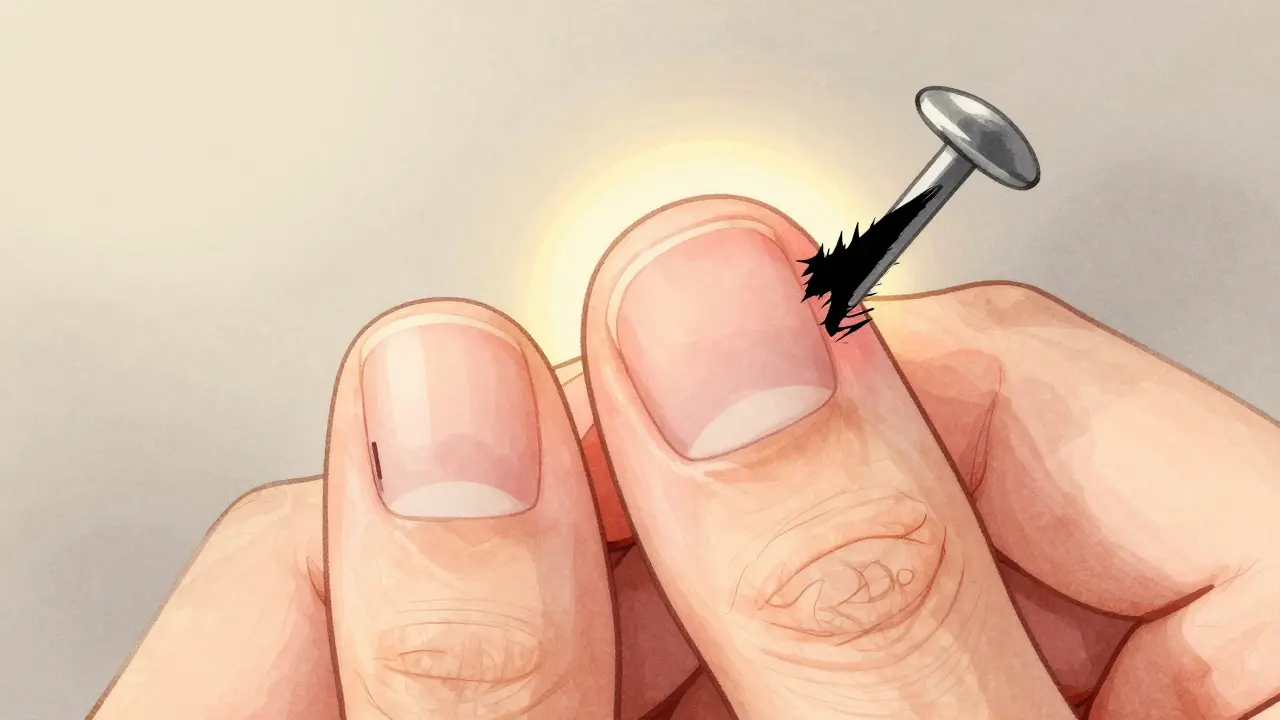 Porovnání normální a podezřelé tmavé čáry na nehtech, jedna se šíří na kůži.