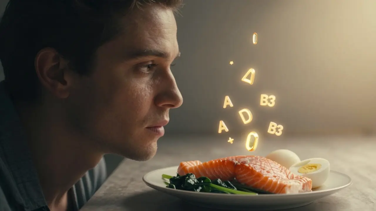 Přeměna pokožky: levá strana bledá, pravá září s mikroskopickými částicemi vitamínů nad jídlem.