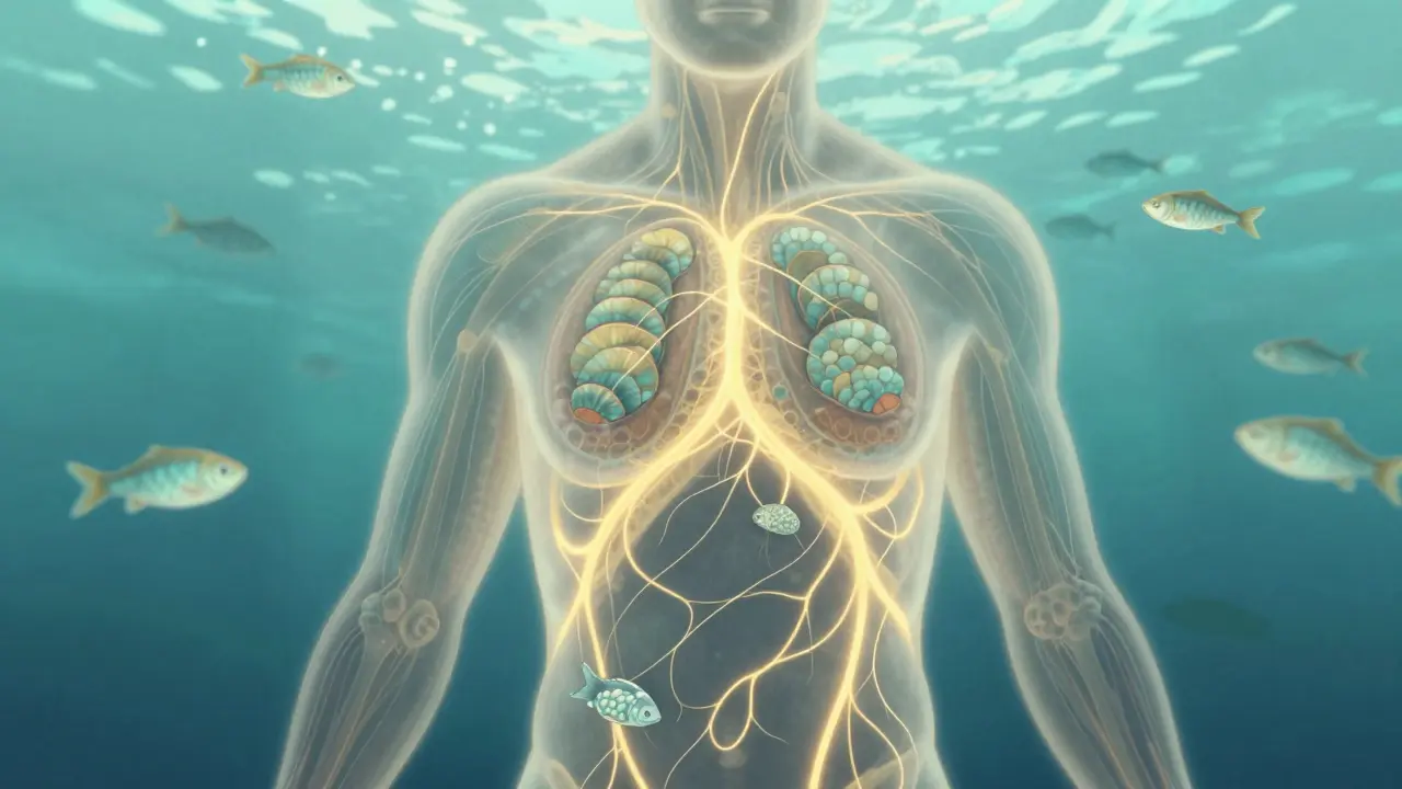 Průhledný lidský obraz s vyzařujícími kolagenovými vlákny a mořskými šupinami v pozadí.