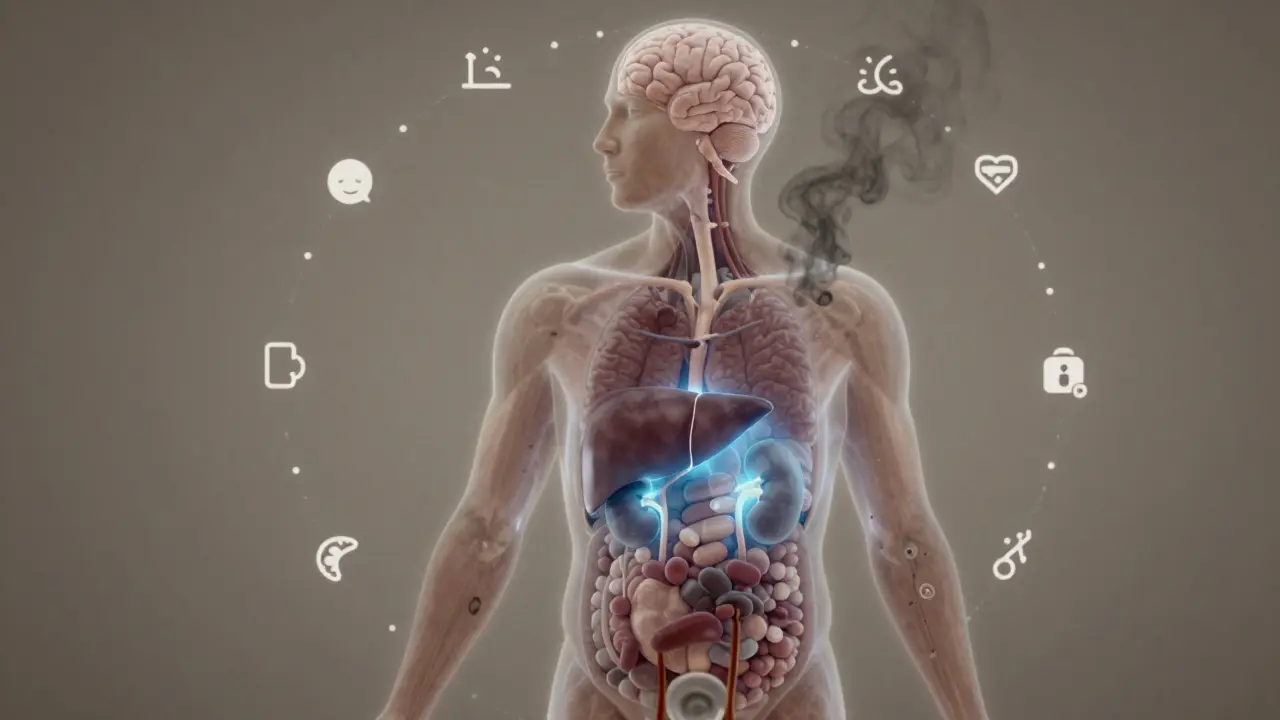 Průhledný lidský tělo s čistícími orgány a odváděnými toxiny, bez reklamních symbolů.