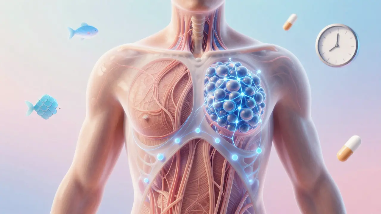 Průhledný lidský tělo s rekonstruovanými kolagenovými vlákny v kůži a kloubech.