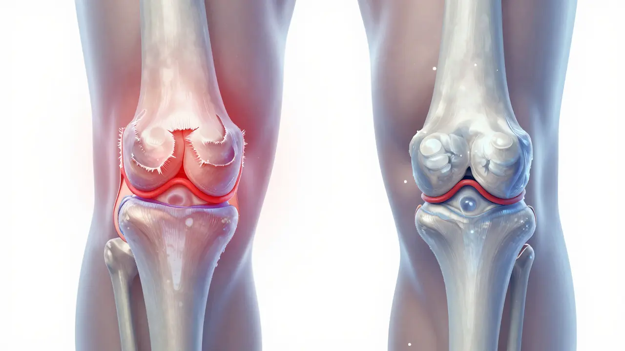 Průřez zdravého a poškozeného kloubu, viditelné poškození chrupavky a zánět.