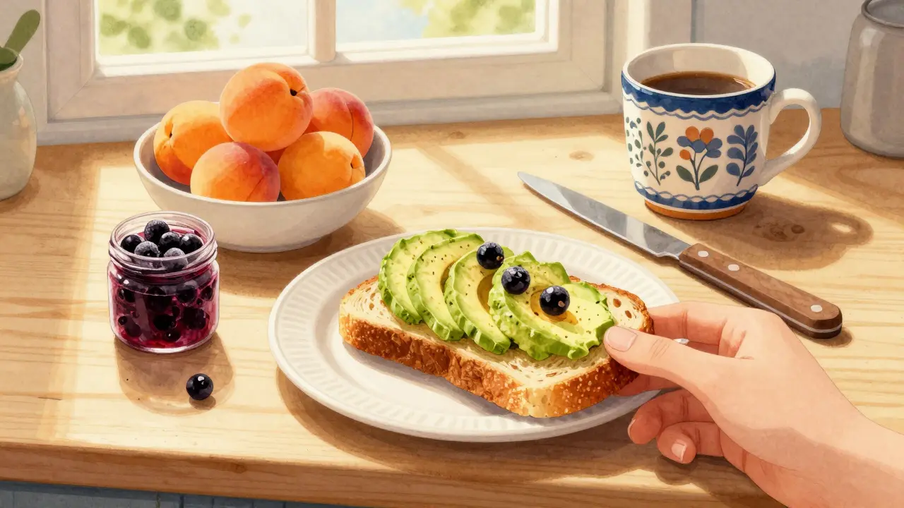 Ruka drží avokádový toast vedle čerstvých meruňek a skleničky přemraženého rybízu.