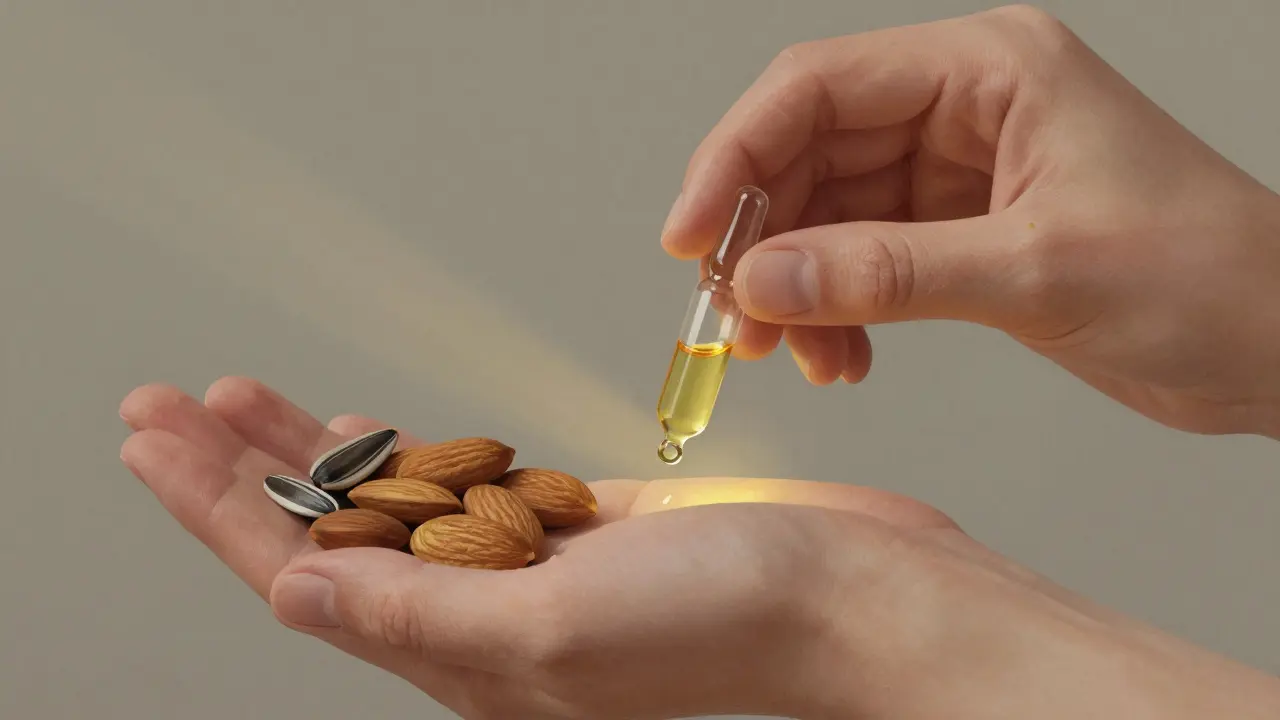 Ruka drží olej vitamínu E vedle mandlí a semen slunečnice, zlatý záblesk na kůži.