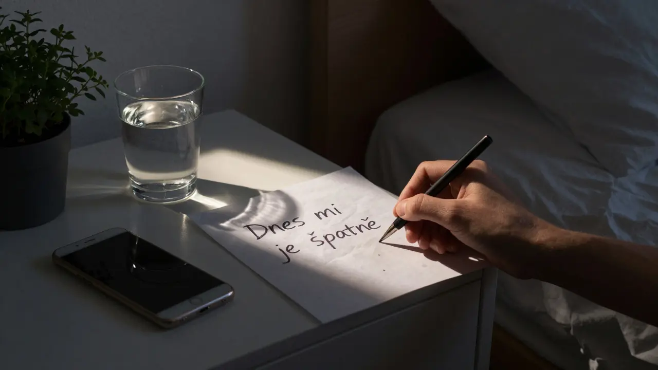 Ruka píše na papíře 'Dnes mi je špatně' v tiché ložnici s vodou a vypnutým telefonem.