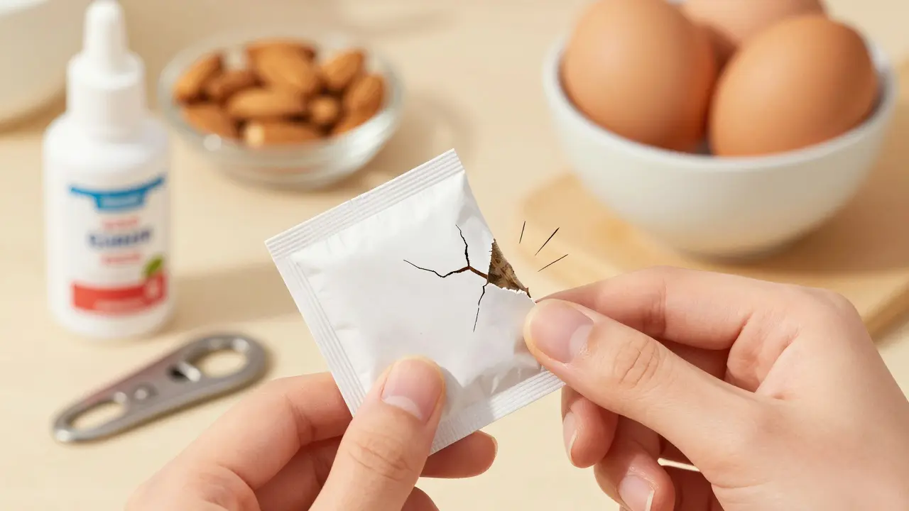 Ruka používající nehet jako nástroj k otevření balíčku čaje, s viditelnými trhlinami a nečistotami v pozadí.