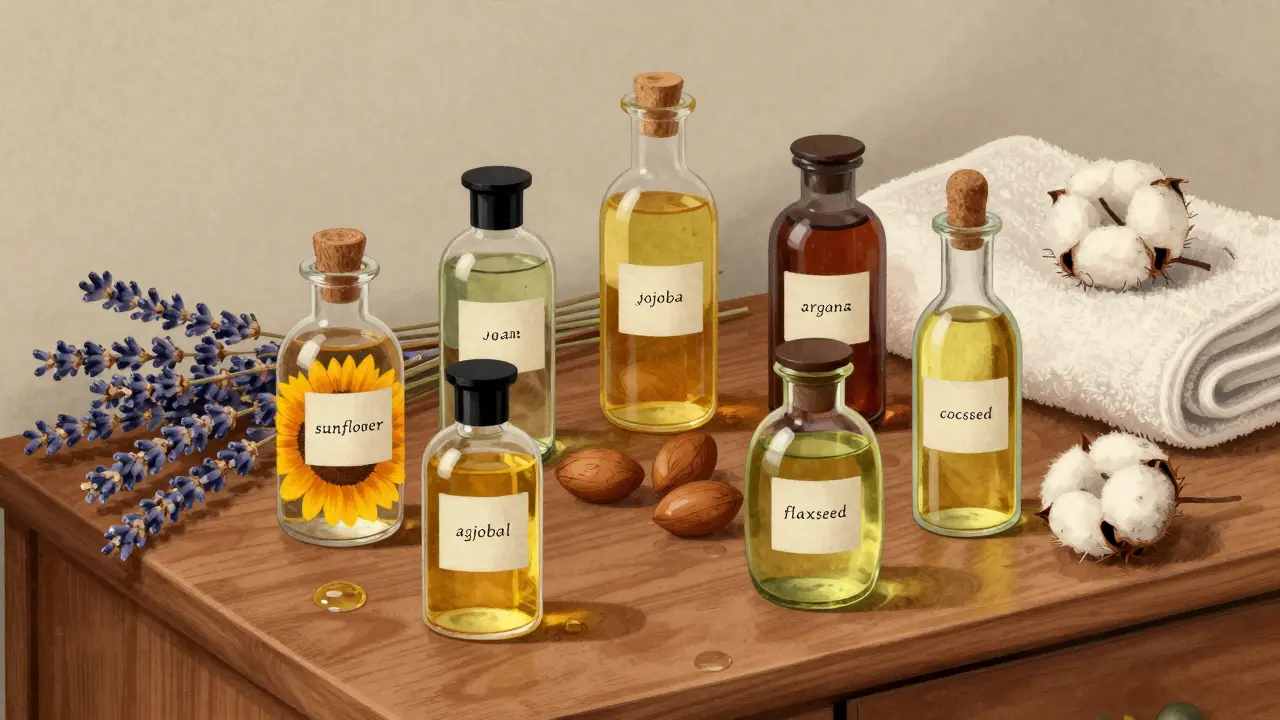Šest přírodních olejů v skleněných lahvičkách na dřevěné pultu s lavenderem a kapkami oleje.