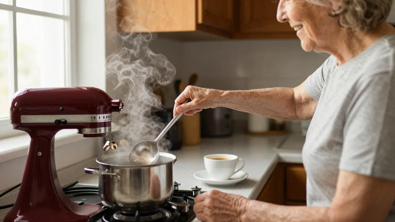 Starší osoba používá pomůcku na kuchyňském stole, teplá kuchyně, káva a kolagen na stole.