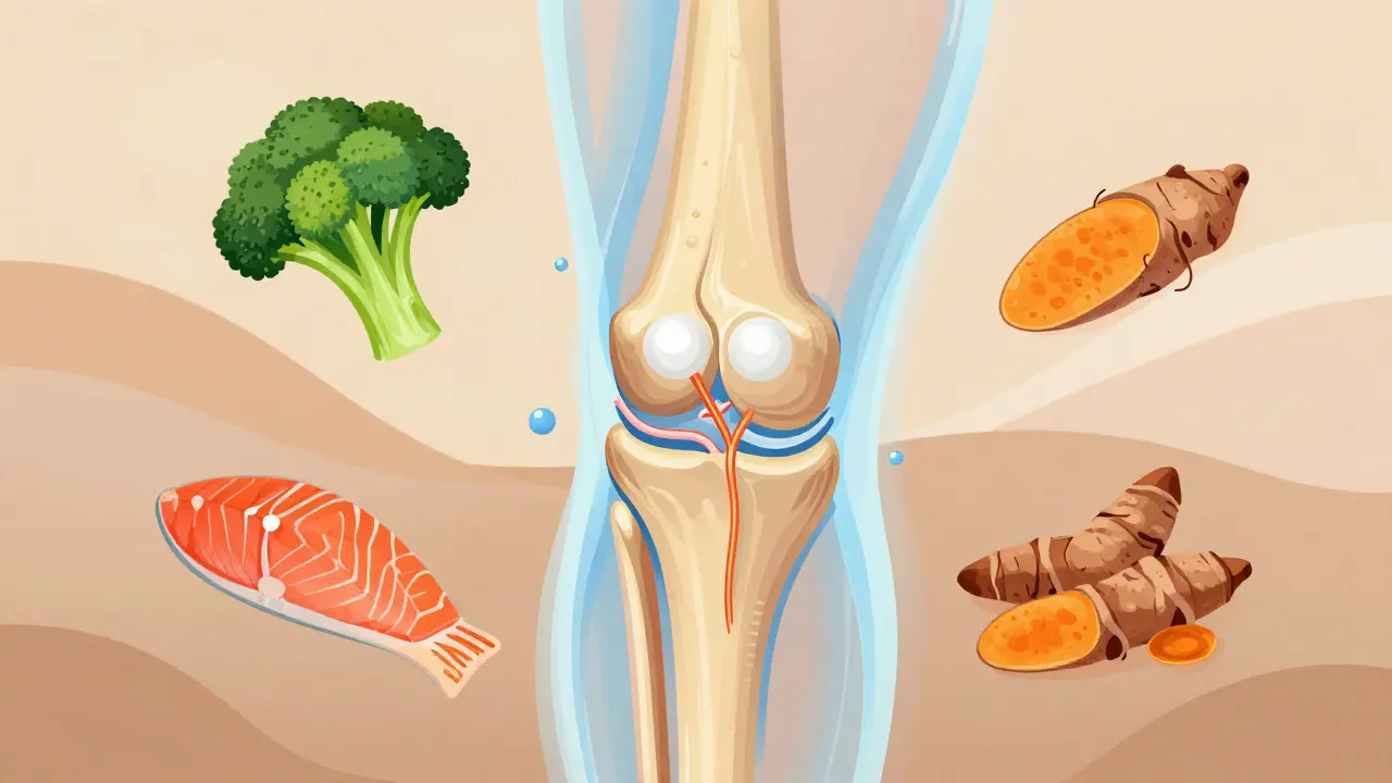 Stylizovaný náčrt kloubu s tekutinou a kolagenem, který se obnovuje, obklopený zdravými potravinami.
