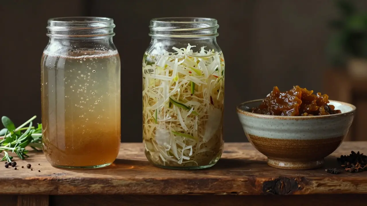 Tři sklenice s fermentovanými potravinami: kombucha, kysané zelí a miso