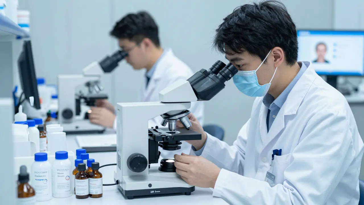 Vědci v laboratoři analyzují vzorky pleti s technologiemi Bioderma.