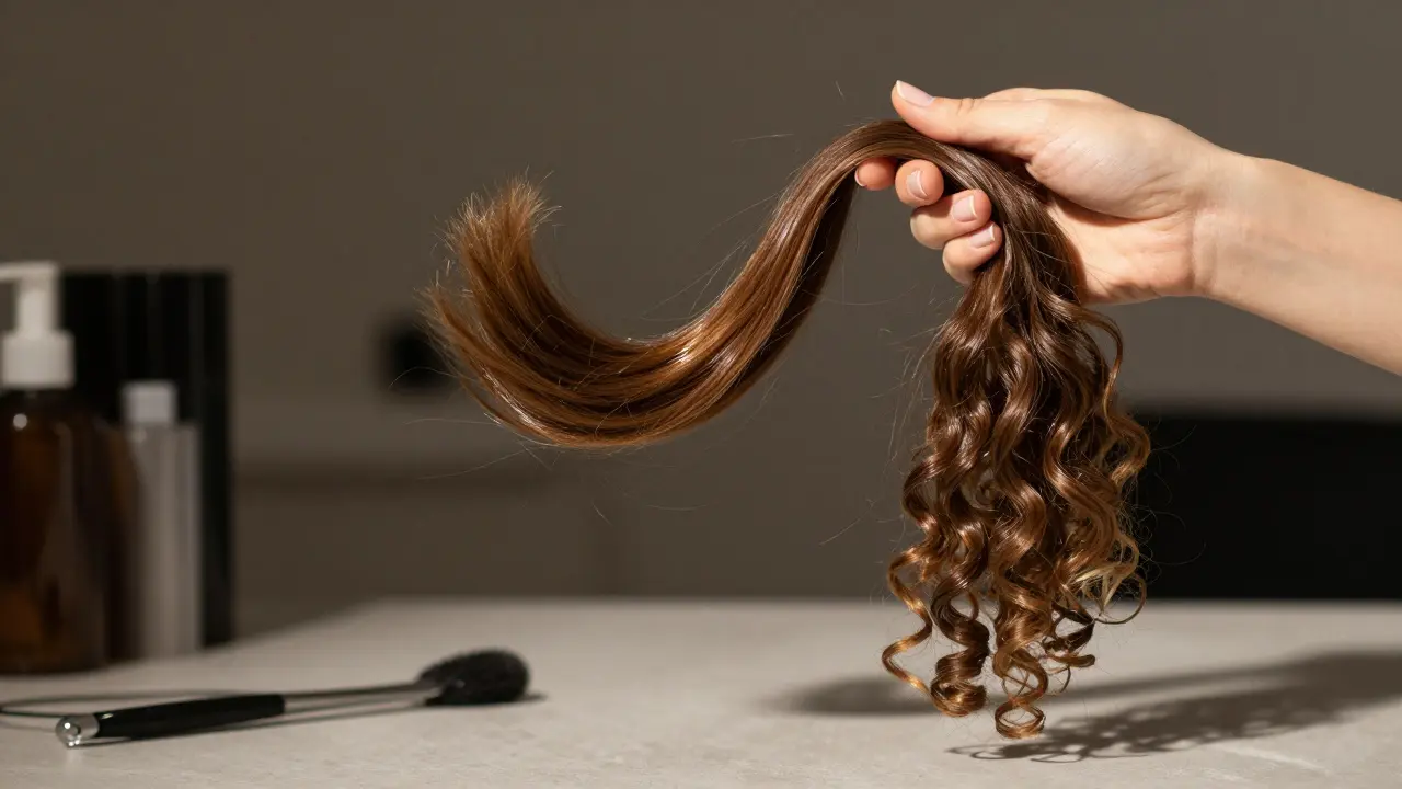 Vlasy rozdělené na dvě části: hladké s keratinem a přirozeně kudrnaté.