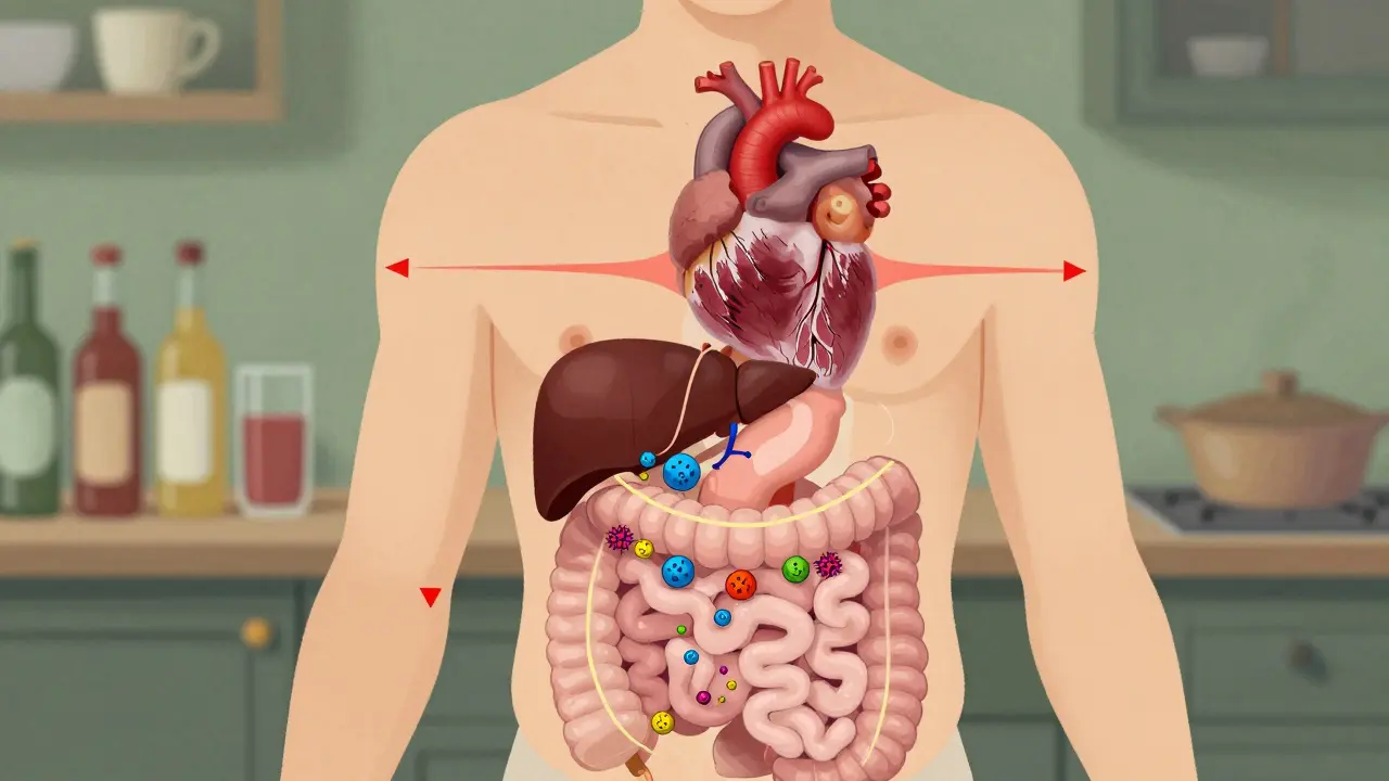 Vnitřní obraz těla po 30 dnech bez alkoholu s obnovou střevního mikrobiomu a zlepšeným srdcem.