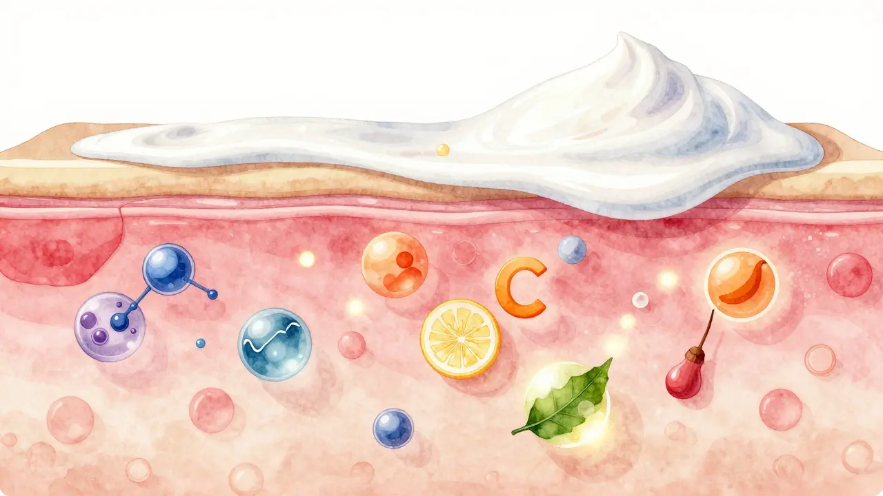 Vnitřní vrstvy pokožky s pronikajícími molekulami séra a ochrannou vrstvou krému.