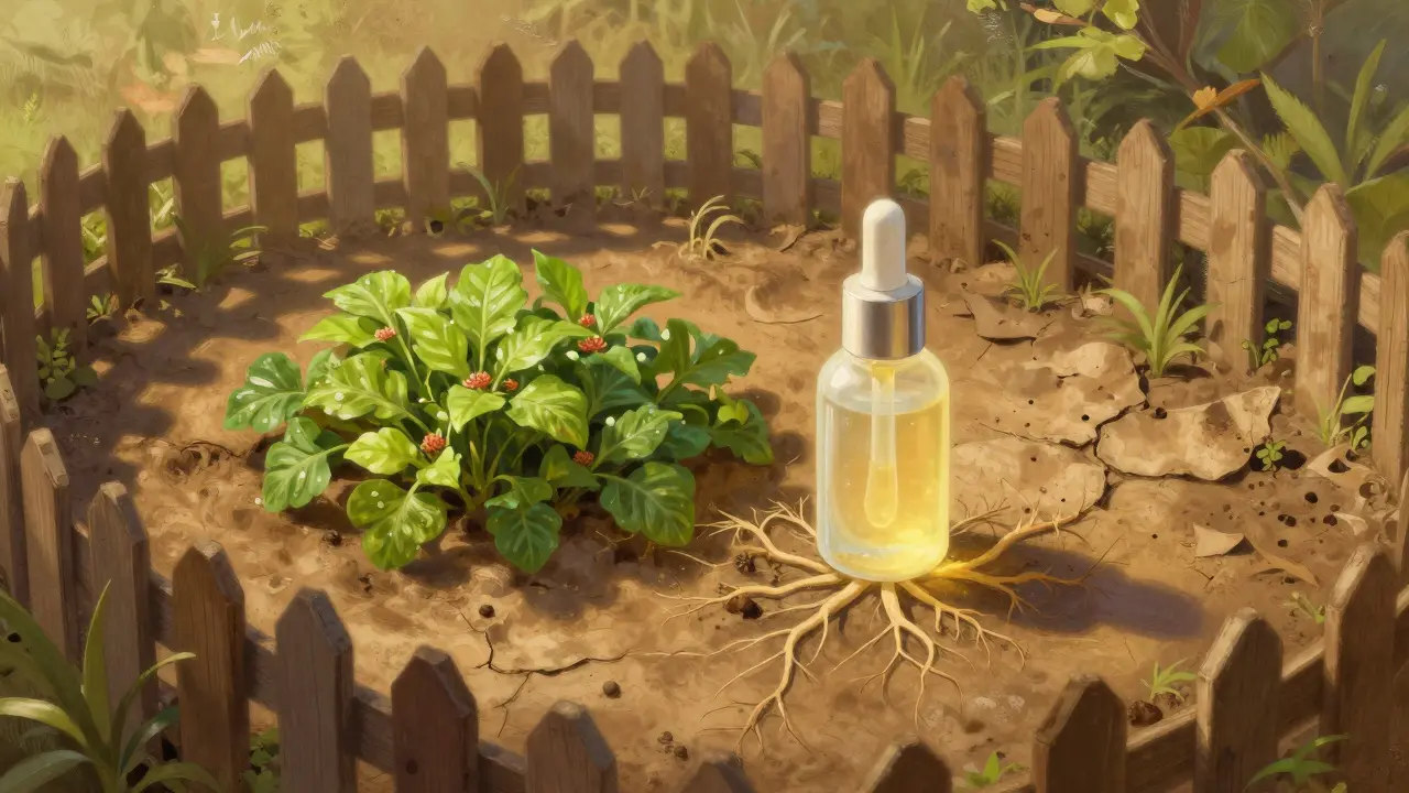 Zahradní obraz symbolizující pokožku: jedna část oživená sérem, druhá suchá.