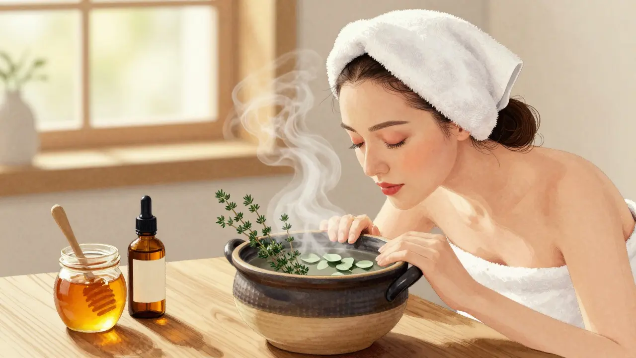 Žena dělá parní koupel s tymiánem a olejem z čajového stromu.