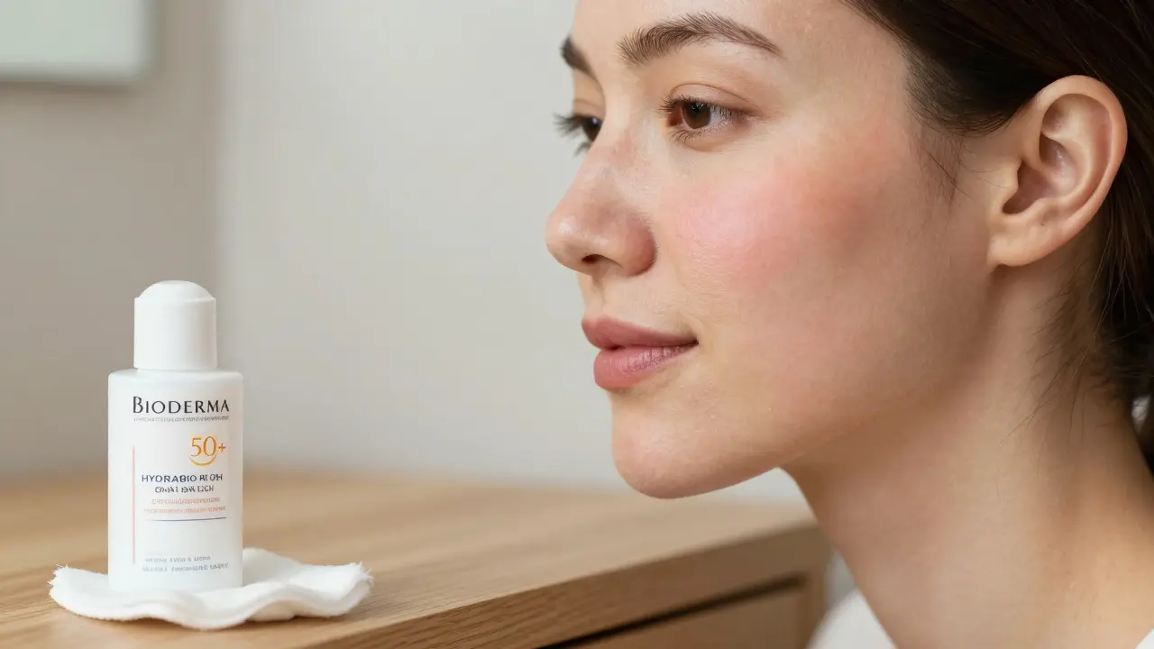 Žena s klidnou, zdravou pletí po šesti týdnech používání Bioderma.