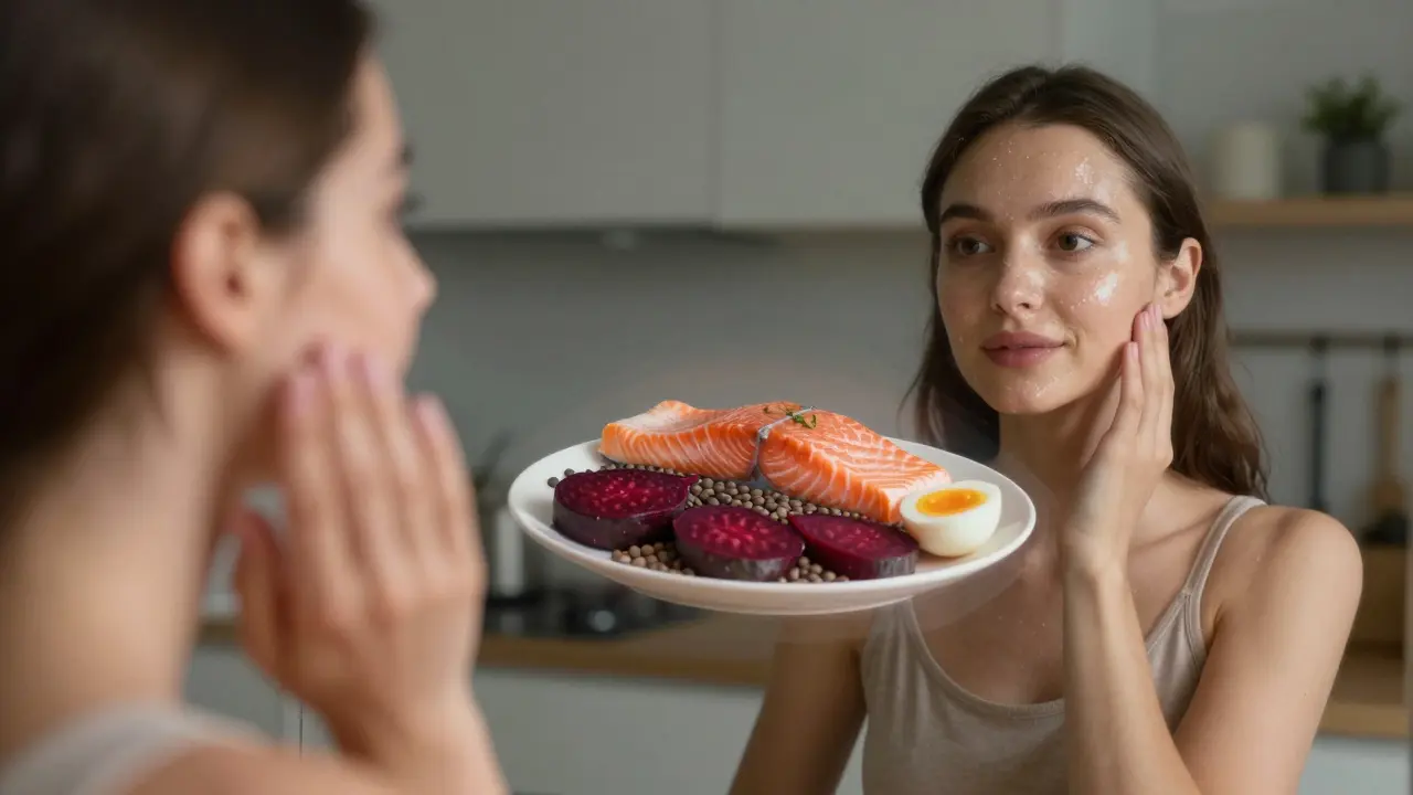 Žena se dívá do zrcadla, kde je vidět její mladší obraz a potraviny, které obnovují její kůži.