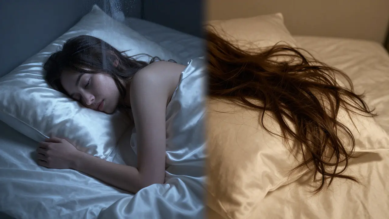 Žena spí na hedvábném polštáři, její vlasy jsou hladké a hydratované v měkkém světle měsíce.