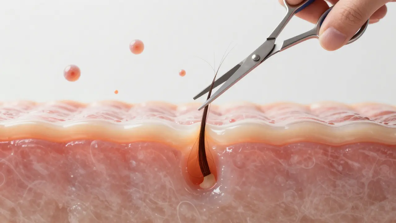 Zvětšený pohled na vlasový folikul s řezem pouze nad povrchem kůže.