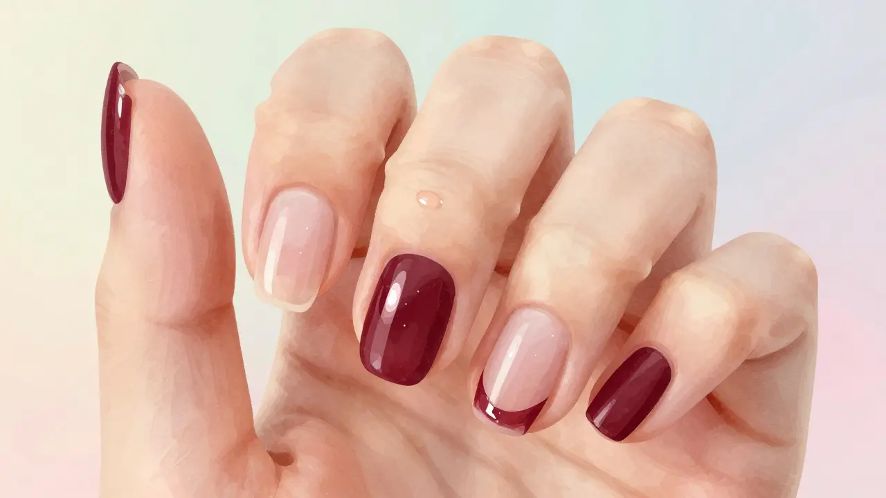 Blízký pohled na nehty s třemi vrstvami laku a hydratovanou kůžkou.