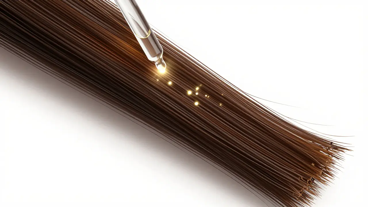 Blízký pohled na poškozené vlasy, které jsou obnovovány sérem, s vizualizací pronikání aktivních látek.