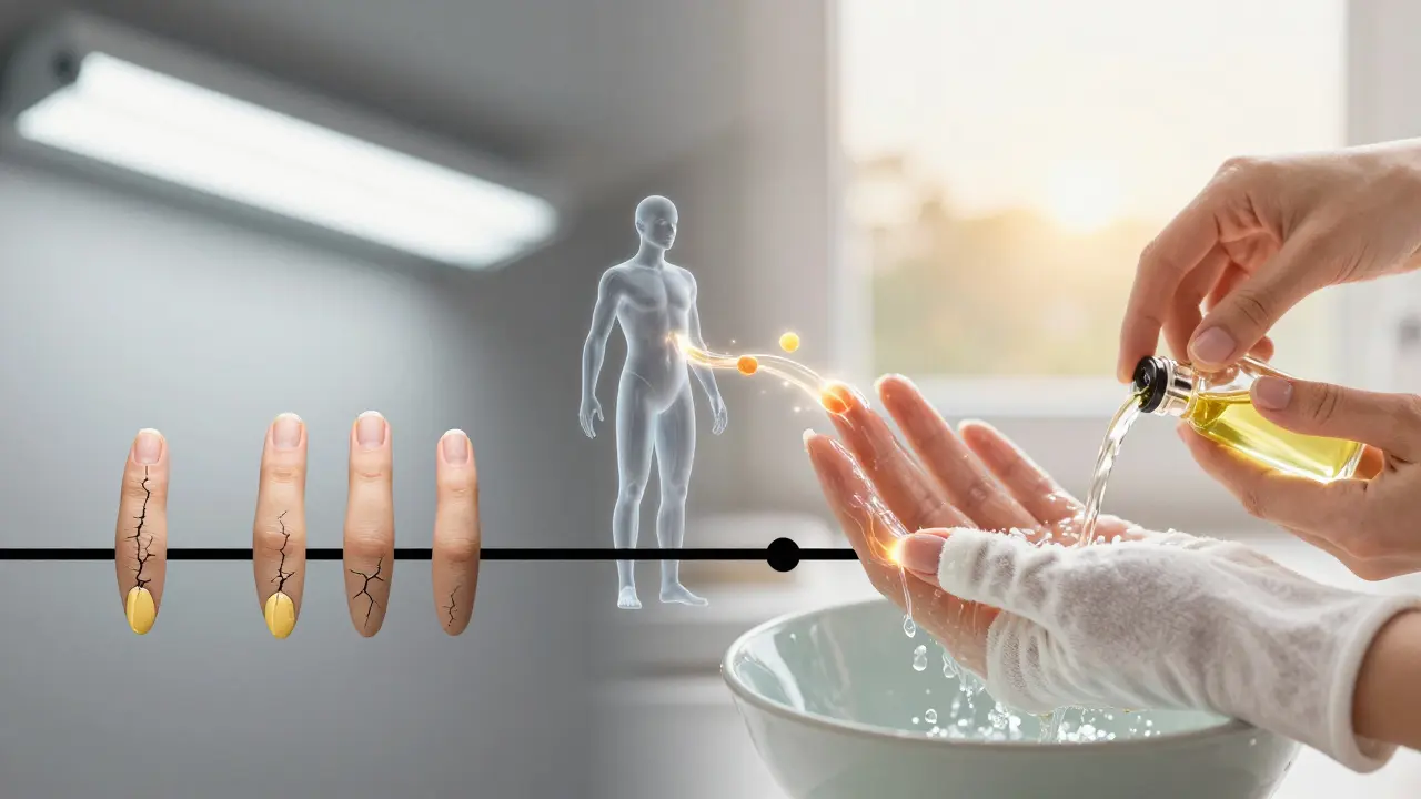 Časová osa: poškozené nehty převráceny na zdravé nehty s olejem a rukavicemi.