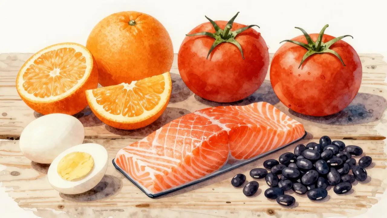 Citrusy, rajčata, vejce, losos a černé fazole na stole