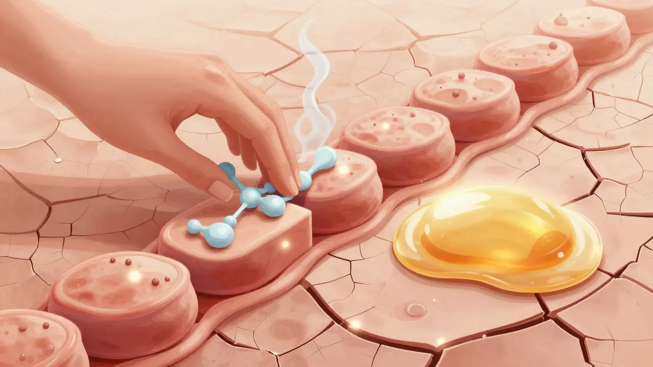 Cracked skin barrier being repaired by ceramides and glycerin, with lipid layers restoring protection.