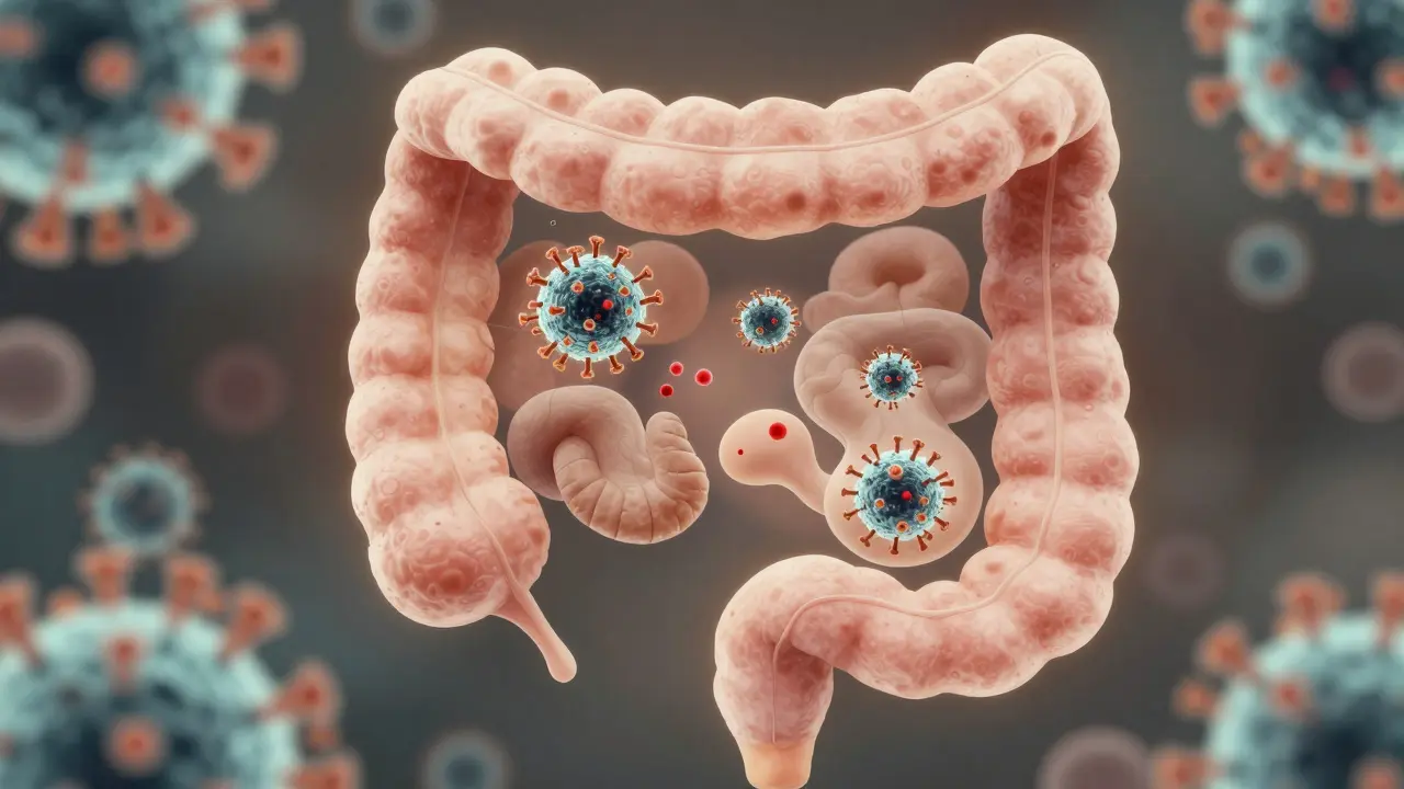 Mikroskopický pohled na vylučování noroviru ve střevech během 14 dní.