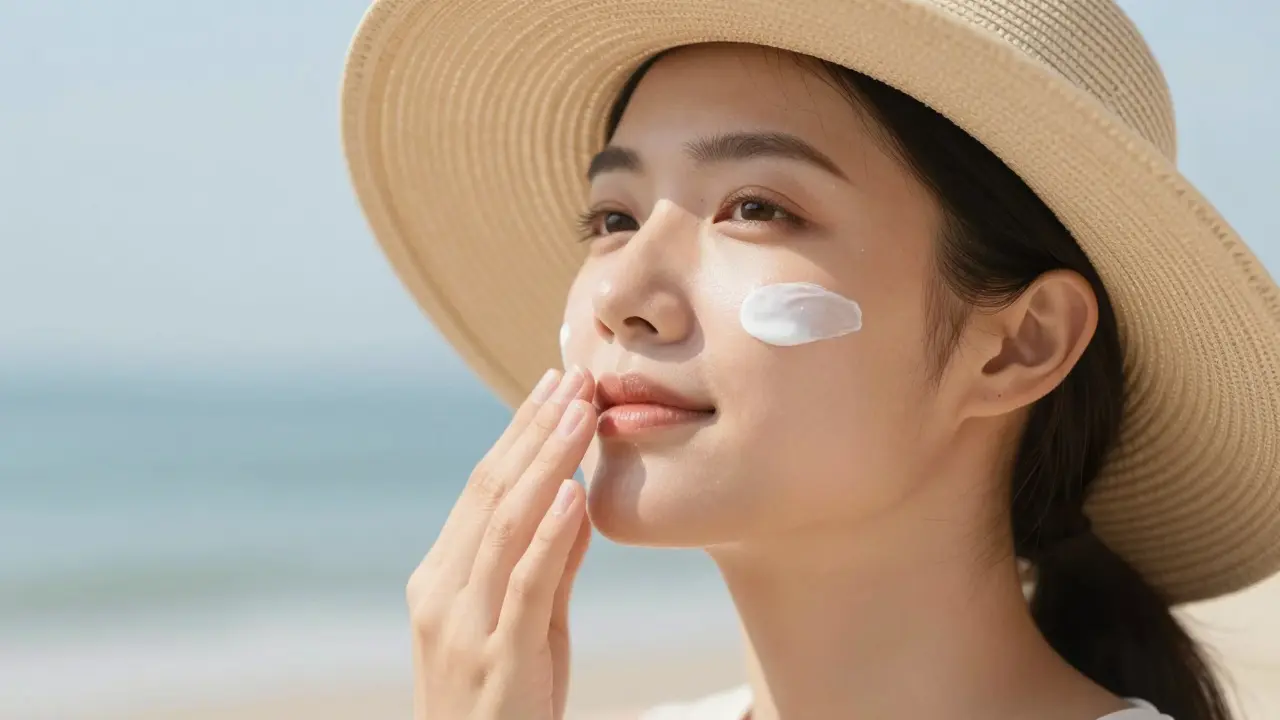 Osoba aplikuje sluneční krém s kloboukem