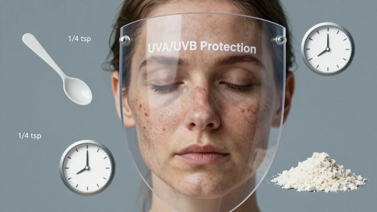 Polovina obličeje chráněná ochranou, druhá polovina ukazuje známky poškození od UV záření.