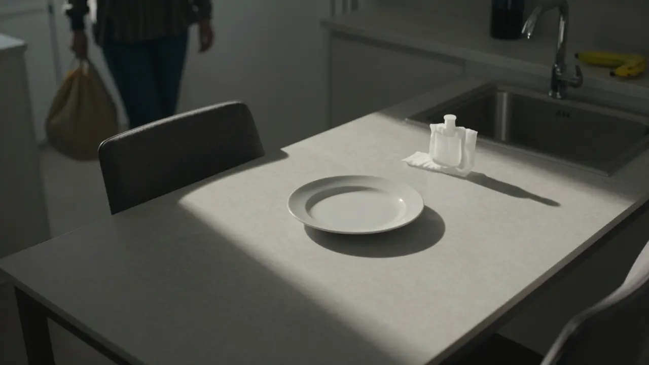 Prázdný stůl s nevyčištěným nádobím a dezinfekčním ubrouskem, symbolizující prevenci šíření infekce.