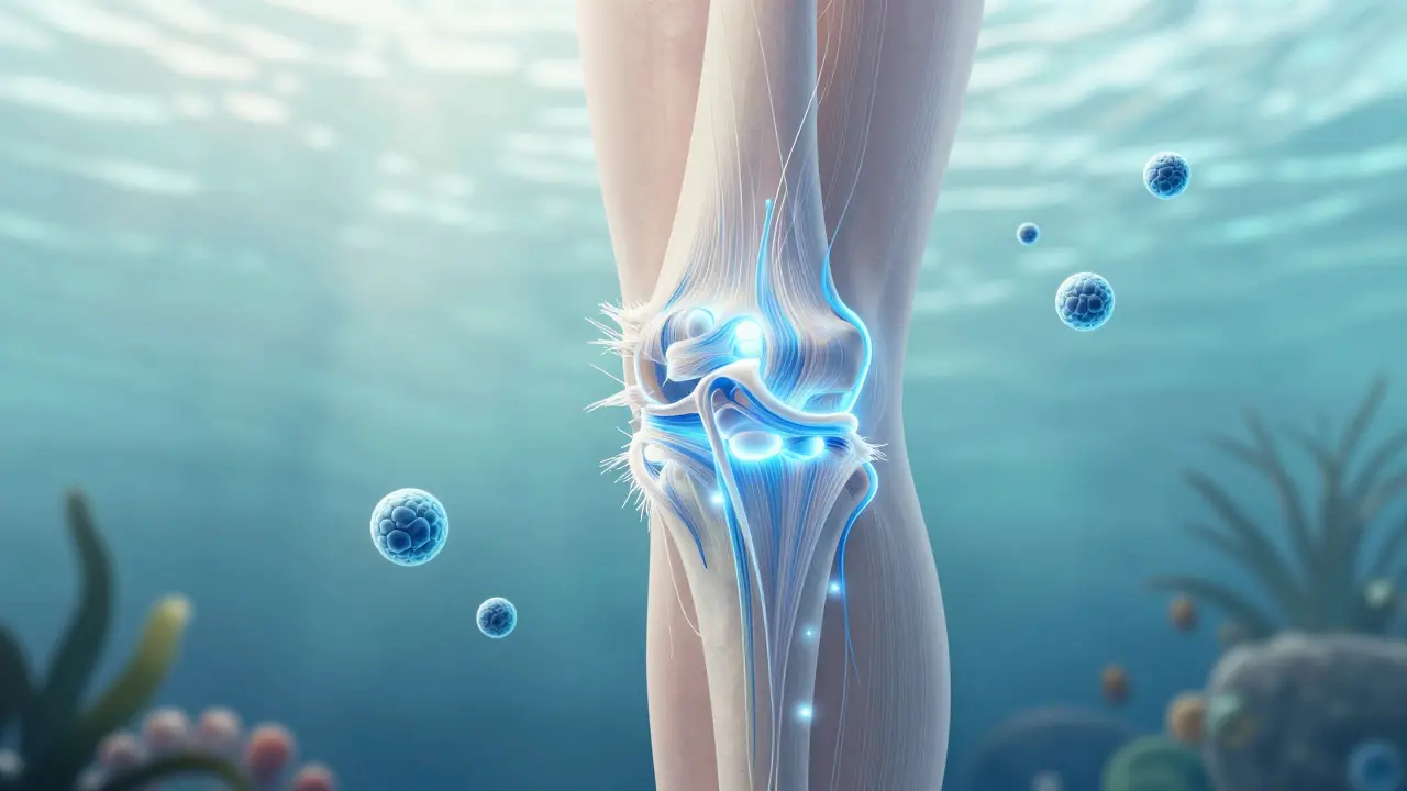 Přehled kloubu s rozpadajícími se a obnovujícími se kolagenovými vlákny, symbolizující obnovu pomocí mořského kolagenu.