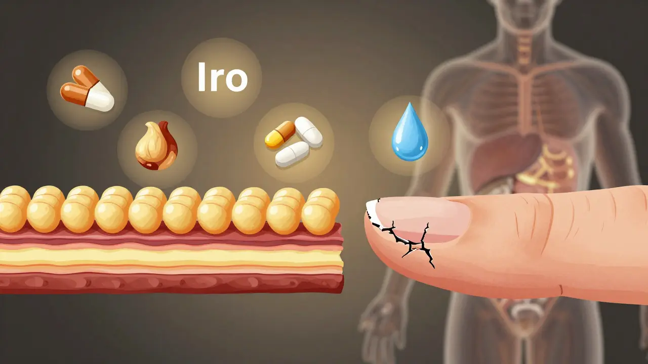 Příčiny křehkých nehtů: rozdělený neht s výplňkami živin jako biotin, železo a zinek.