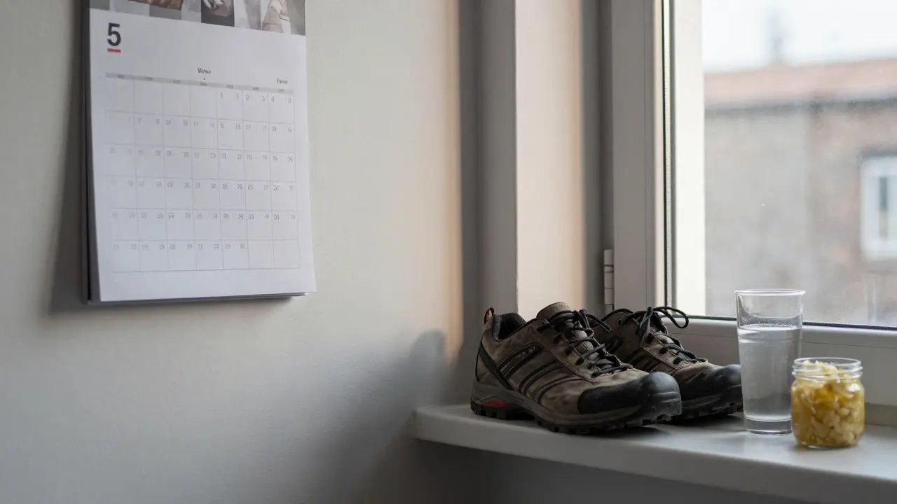 Procházkové boty a kalendář s označenými dny, symbolizující trvalou změnu životního stylu.